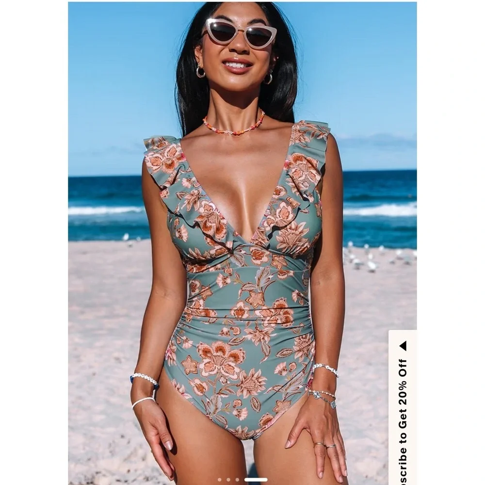 Floral‎ Ruffle V-Neck One Piece Swimsuit Gray Pink Lace Up Back Size Medium NWOT